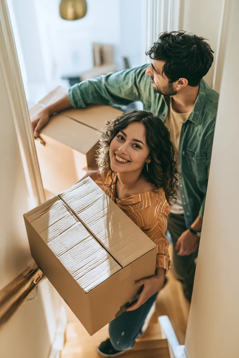 Young couple hauling moving boxes up the stairs into a new apartment, with moving costs covered by a 1500 dollar loan