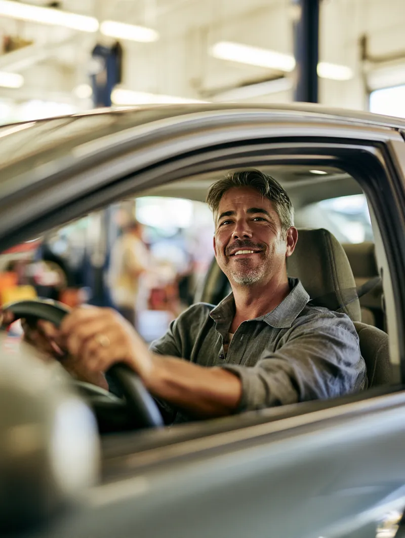 Man in his 40s driving his freshly repaired sedan out of an auto repair service bay after covering the bill with a personal loan