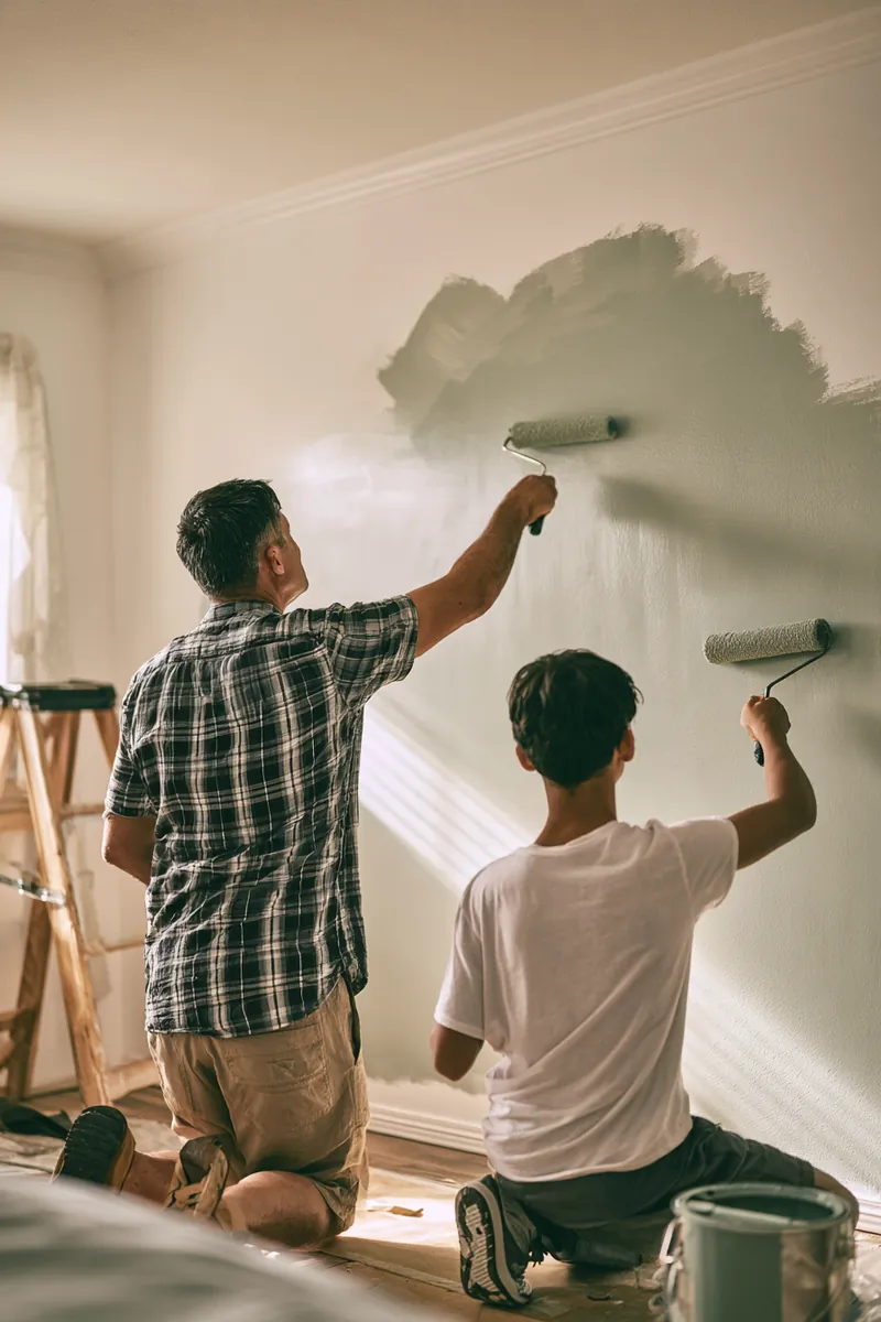Father and teenage son painting a bedroom wall with rollers, a home refresh some families fund with a 2500 dollar loan