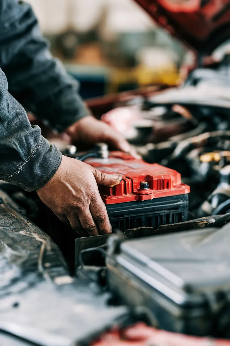 Mechanic's hands lowering a new car battery into an engine bay, a common repair covered by a 500 dollar loan