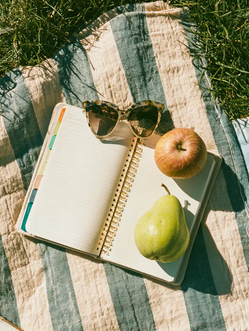 Weekly planner with colorful tabs, sunglasses and a pear resting on a picnic blanket, ready for budgeting