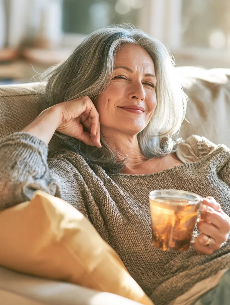 Woman in her sixties resting in a sunny armchair with a mug of tea during recovery