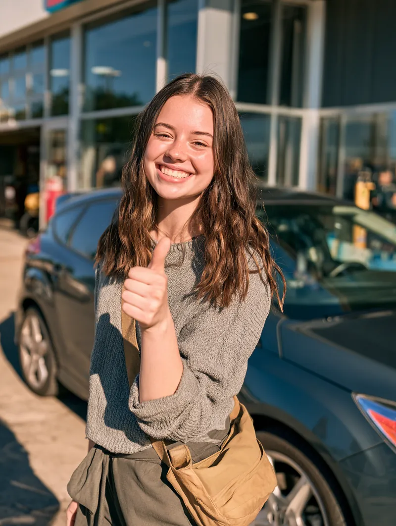 Young woman giving a thumbs-up beside her newly repaired hatchback