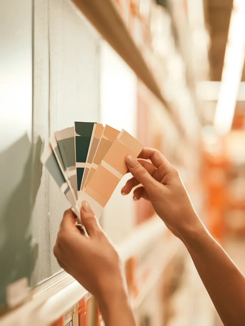 Hands holding paint color swatches against a freshly primed wall, comparing options before choosing one