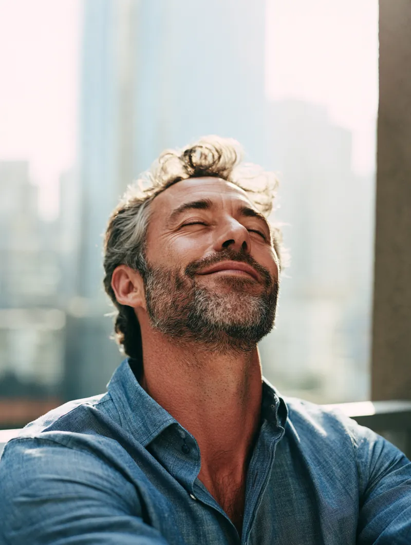 Man in his forties exhaling with a relieved smile on his apartment balcony