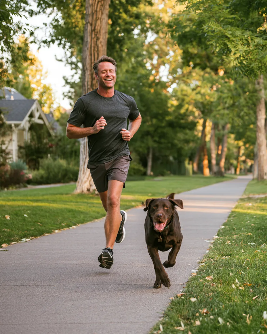 Man in his 40s jogging on a tree-lined park path at sunrise with his labrador, feeling lighter after a leap credit debt consolidation loan