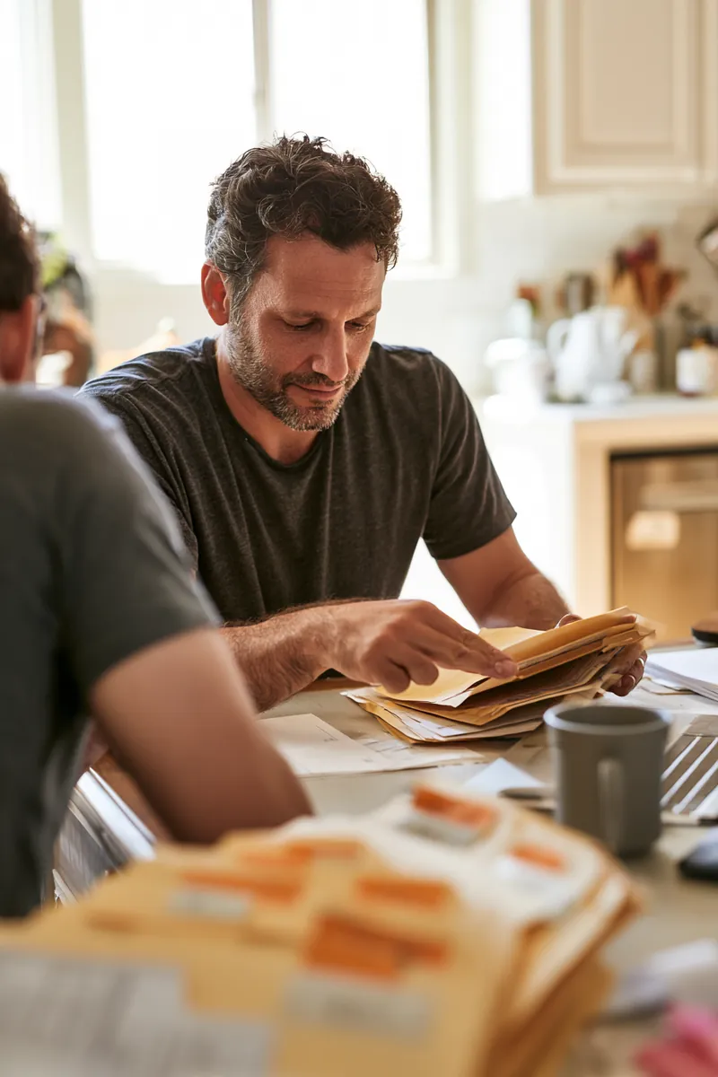 Man in his 40s sorting labeled file folders at a kitchen table while gathering documents for a personal loan request