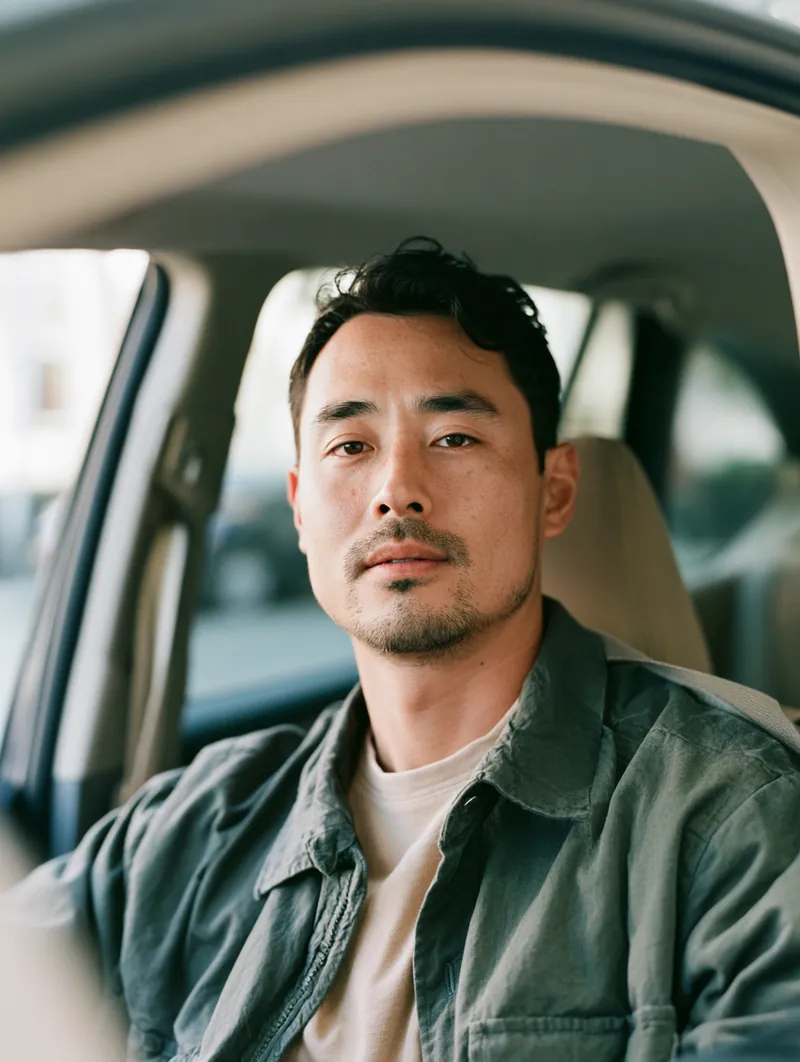 Man in his thirties sitting calmly in the driver's seat of his parked car, thinking through a borrowing decision