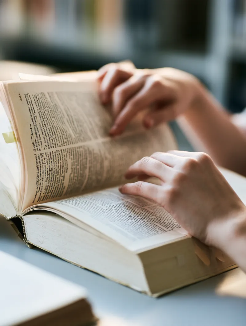 Hands flipping through a thick reference book marked with colorful sticky tabs