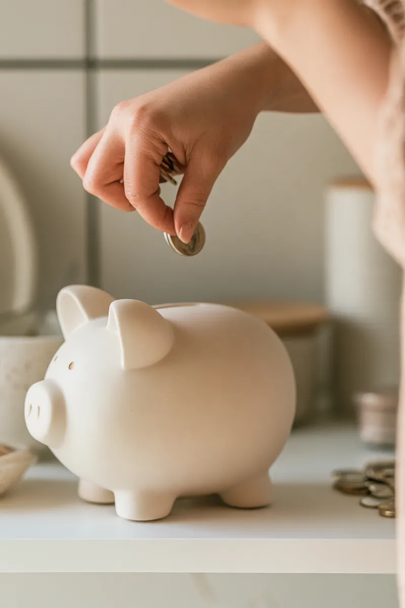 Hands dropping coins into a ceramic piggy bank on a kitchen shelf