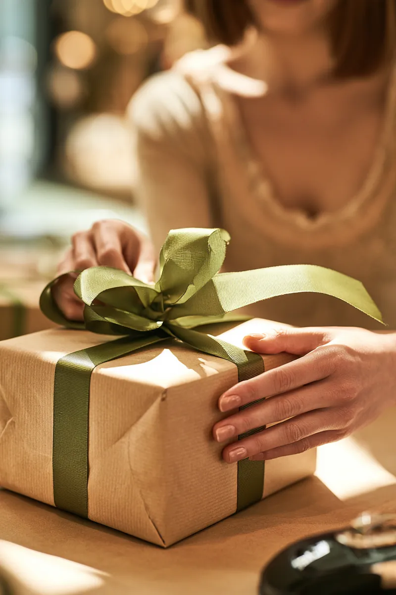 Hands wrap a gift in kraft paper and green ribbon at a gift-wrap table