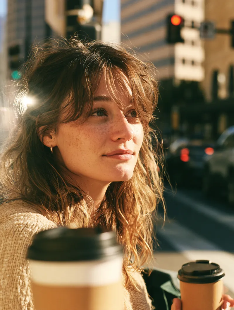 Woman in her thirties holding a to-go coffee while waiting at a downtown crosswalk