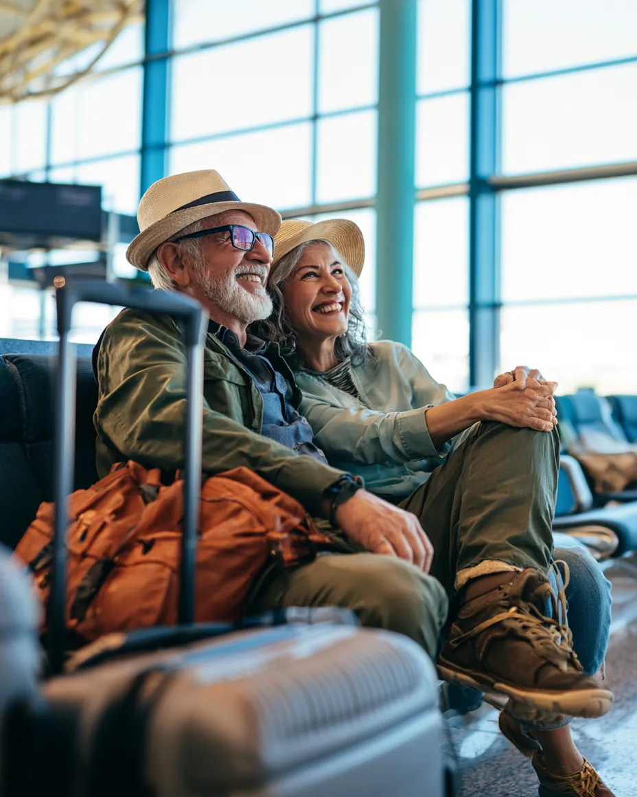 Couple in their sixties sitting at a bright airport gate with carry-on luggage after sizing a leap credit vacation loan