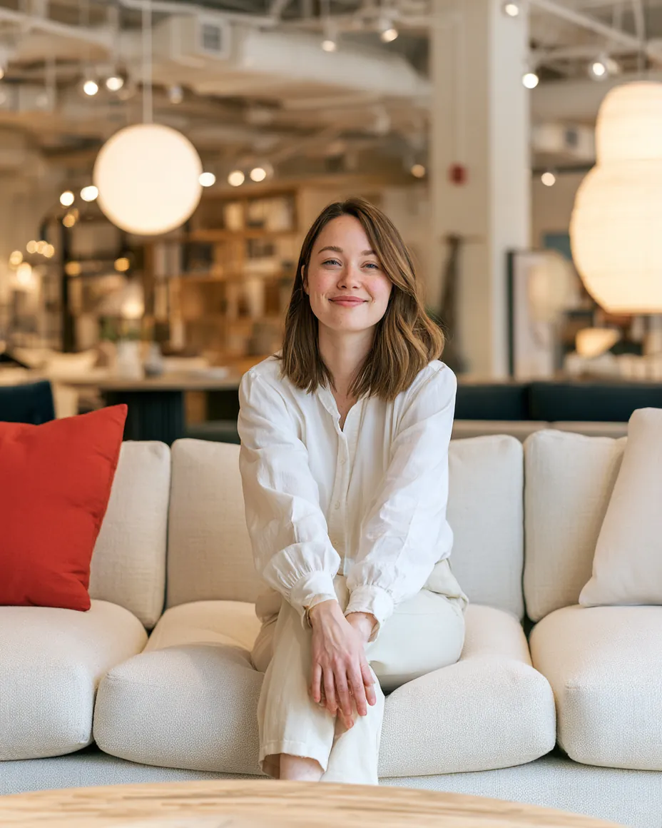 Woman in her thirties testing a sofa in a furniture showroom while weighing leap credit installment financing against a store card