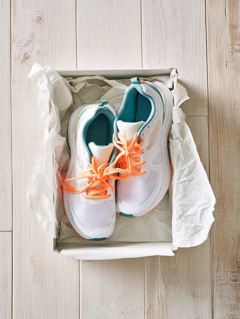 New running shoes resting in an open shoebox with tissue paper after a planned purchase