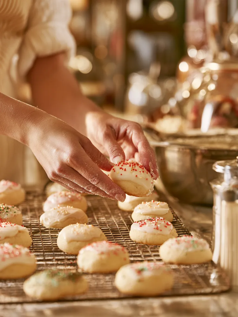Baker's hands placing frosted holiday cookies on a cooling rack
