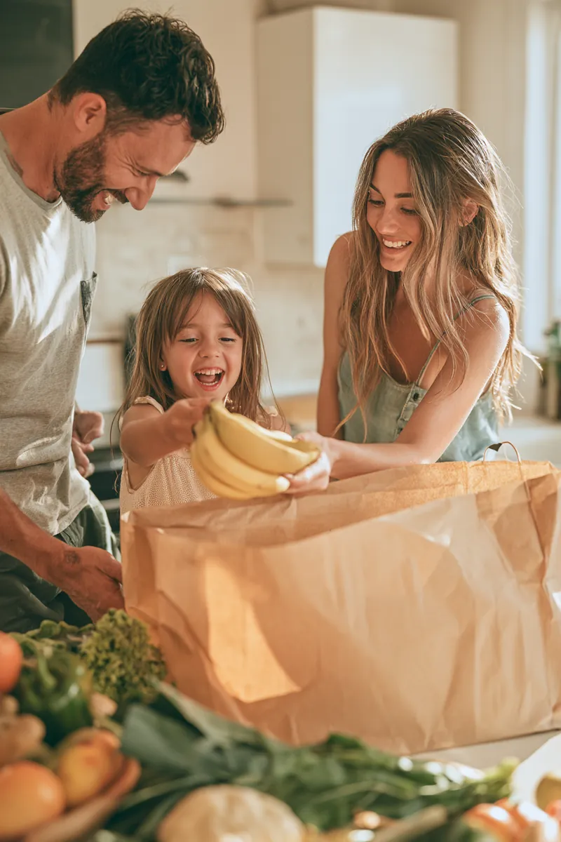 Young family of three unpacking fresh groceries in a bright kitchen after planning a leap credit loan budget