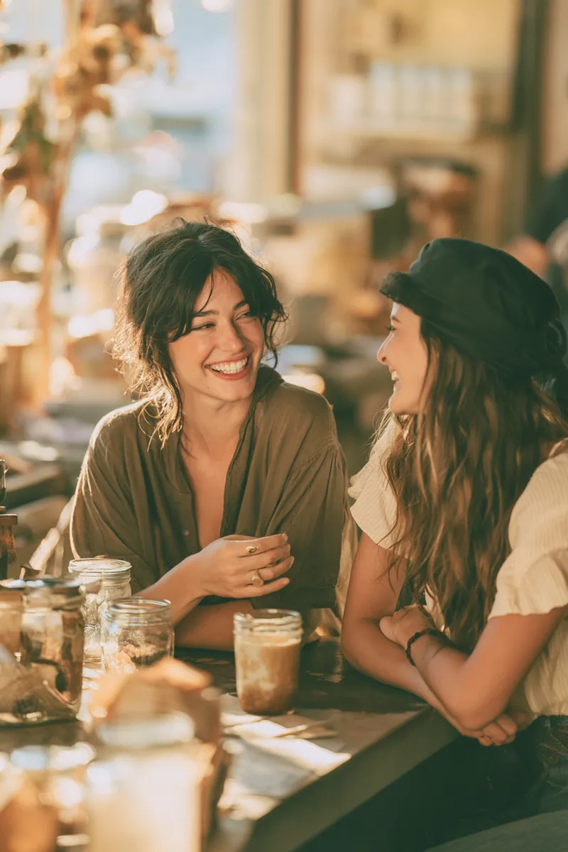 Two friends in their 20s chatting at a sunlit cafe counter, comparing notes before choosing a personal loan