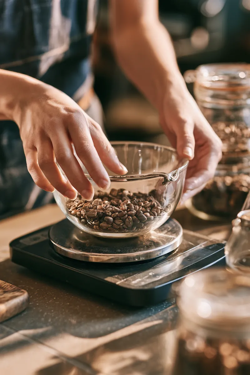Barista's hands weighing coffee beans on a digital scale, a reminder that precise loan estimates start with exact numbers