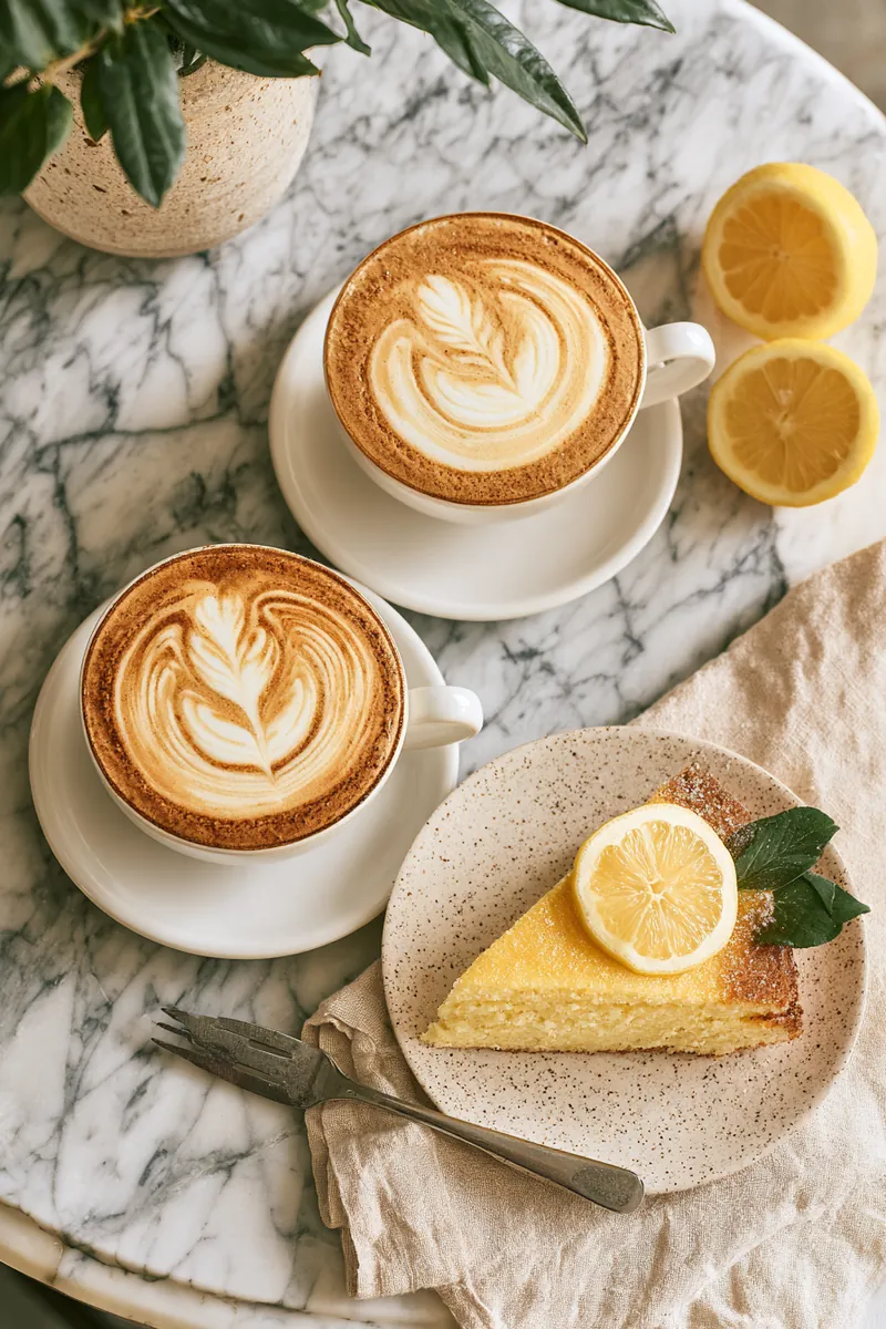 Two lattes with leaf art beside a slice of lemon cake on a marble cafe table