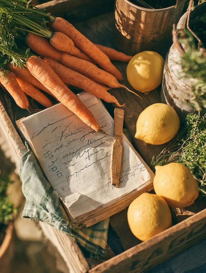 Handwritten shopping list beside fresh carrots, lemons and herbs on a market crate, a reminder to budget for a personal loan payment
