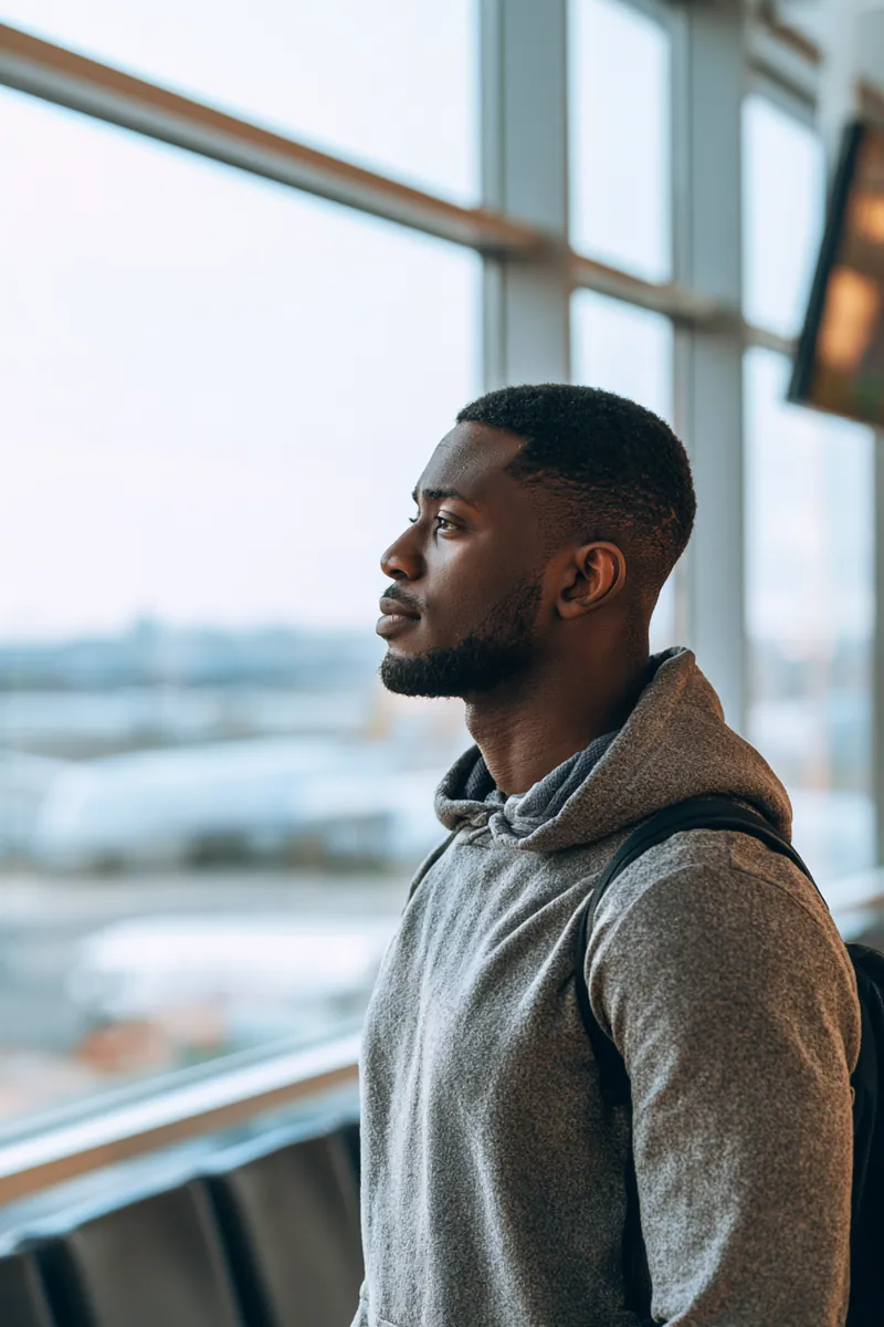 Man in his thirties watching planes through an airport terminal window