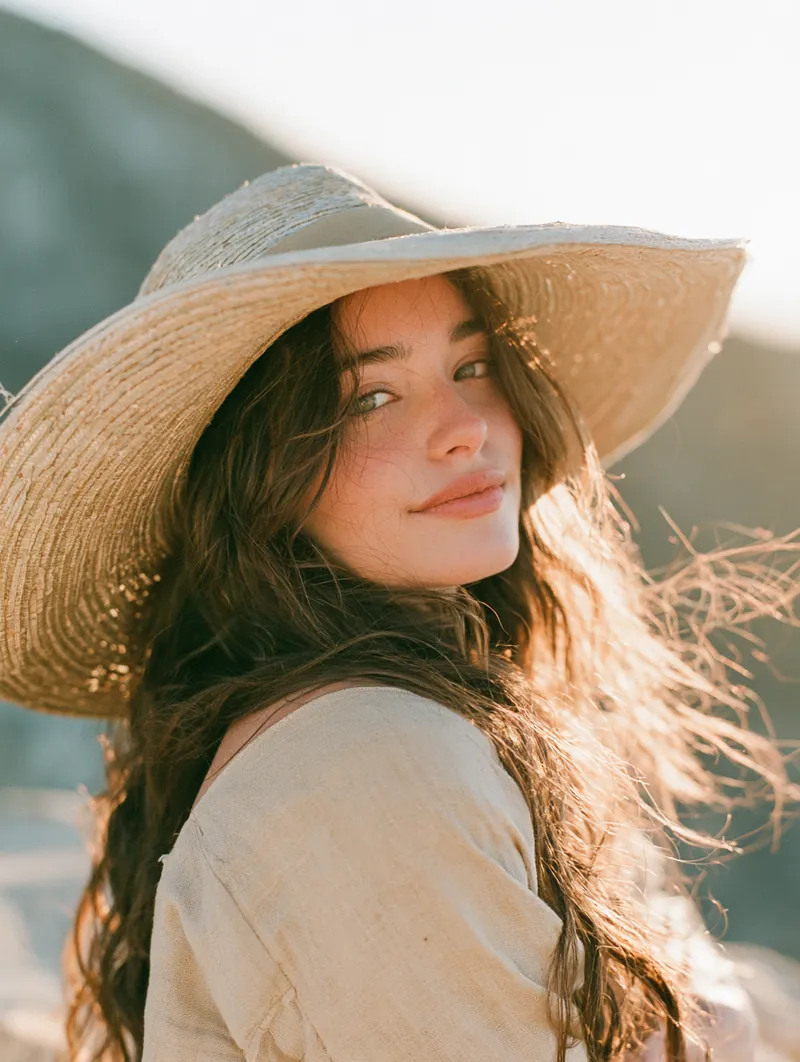 A woman in her 20s wearing a wide-brim sunhat gazes out from a mountain overlook