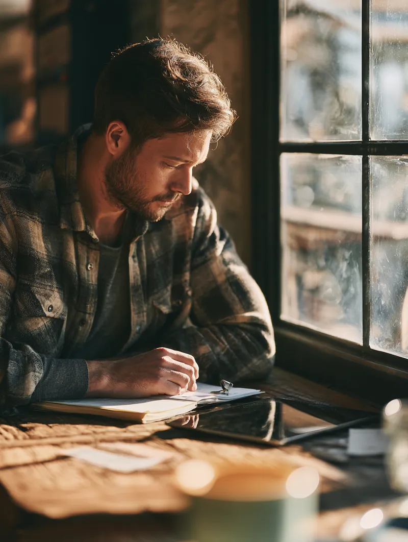 Man in his thirties reviewing notes on a tablet at a cafe window table